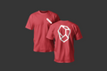 Rhyo / 02: Process t-shirt, red with white geometric design on front and back on a black background